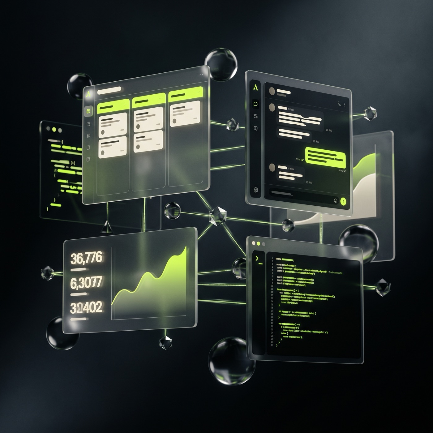 AI agents working across dashboards, chat, code terminals and metrics